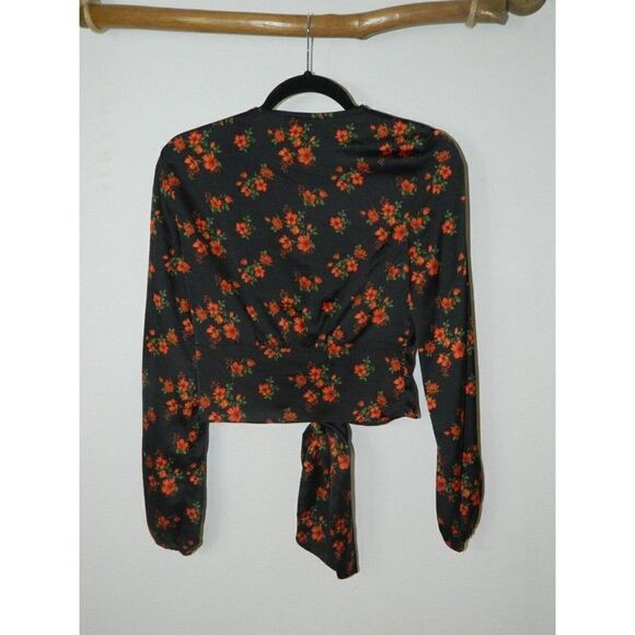 Topshop Blouse Black Red Floral Print‎ Corset Tie Cropped Long Sleeve Size 2 - Picture 5 of 8